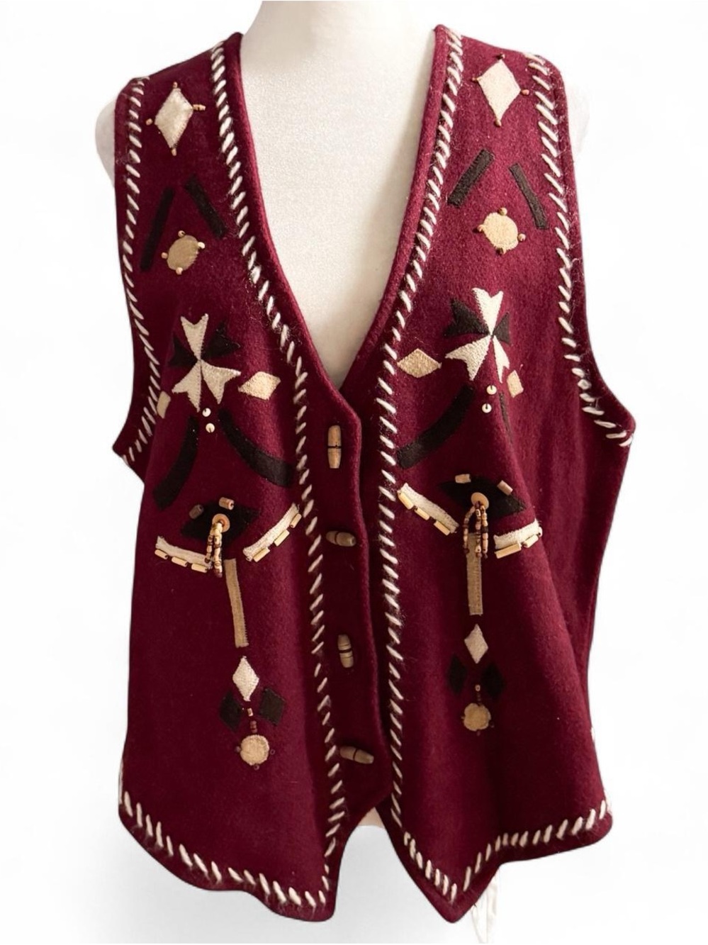 Vintage Solutions Southwestern Wool Vest Beaded Burgundy Size L